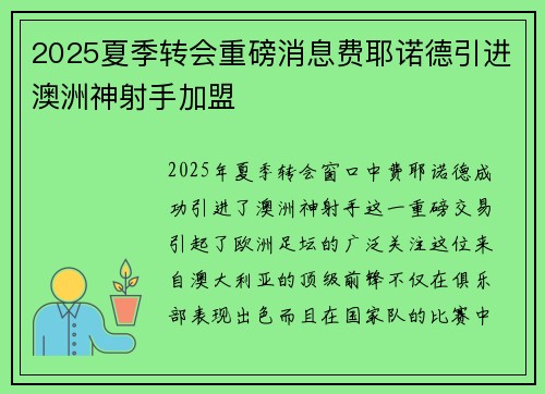 2025夏季转会重磅消息费耶诺德引进澳洲神射手加盟