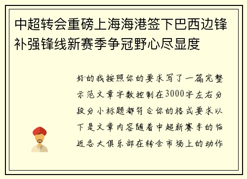 中超转会重磅上海海港签下巴西边锋补强锋线新赛季争冠野心尽显度